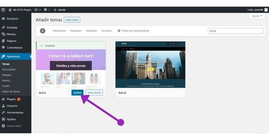 19 pasos para Crear sitio web desde cero, sin saber programar 38 Activar el tema ASTRA