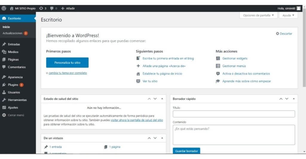 19 pasos para Crear sitio web desde cero, sin saber programar 34 Como se ve el escritorio de wordpress