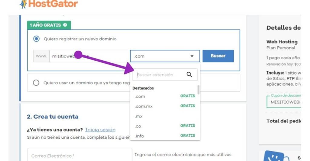 19 pasos para Crear sitio web desde cero, sin saber programar 9 Elegir una extension para nombre de dominio 1
