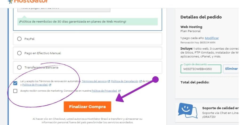 19 pasos para Crear sitio web desde cero, sin saber programar 15 Finalizar la compra del hosting en hostgator