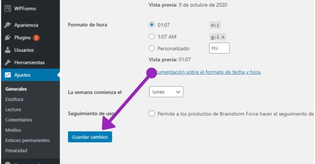¿Cómo cambiar el idioma de escritorio de WordPress? 3 Guardar los cambios de idioma en Wordpress