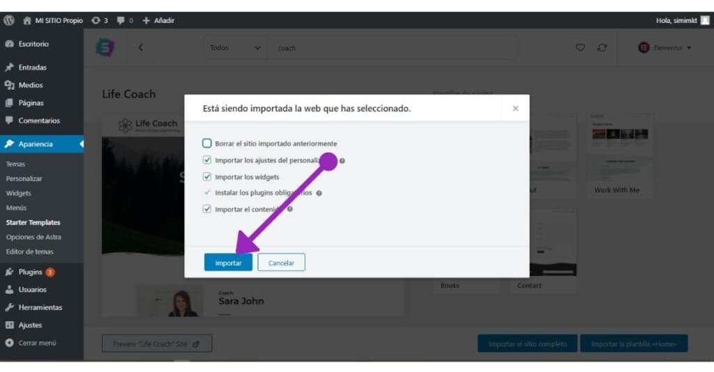 19 pasos para Crear sitio web desde cero, sin saber programar 46 Importar el demo LIFE COACH