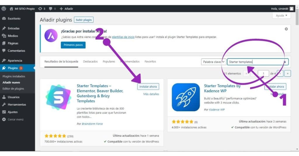 19 pasos para Crear sitio web desde cero, sin saber programar 41 Instalar el plugin de Starter Templates