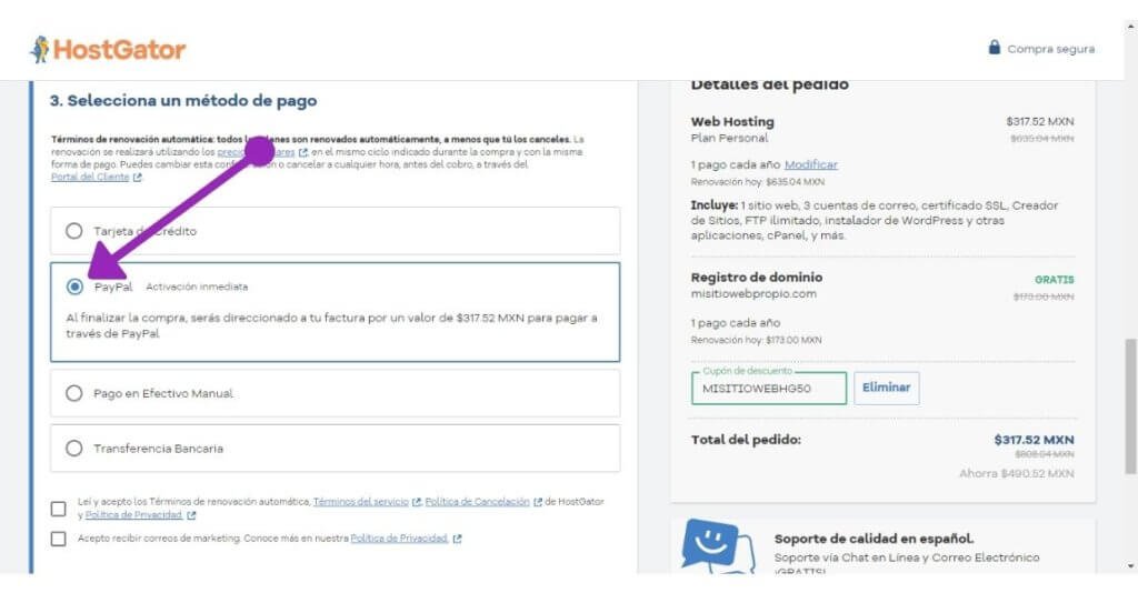 19 pasos para Crear sitio web desde cero, sin saber programar 14 Opcion de pago del hosting de hostgator por PayPal