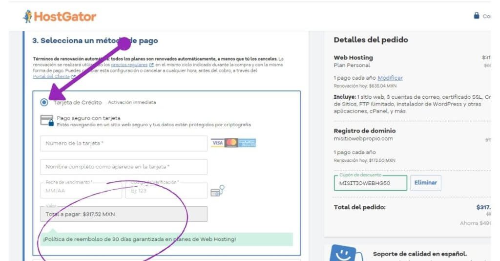 19 pasos para Crear sitio web desde cero, sin saber programar 13 Opcion de pago del hosting de hostgator por tarjeta de credito o debito