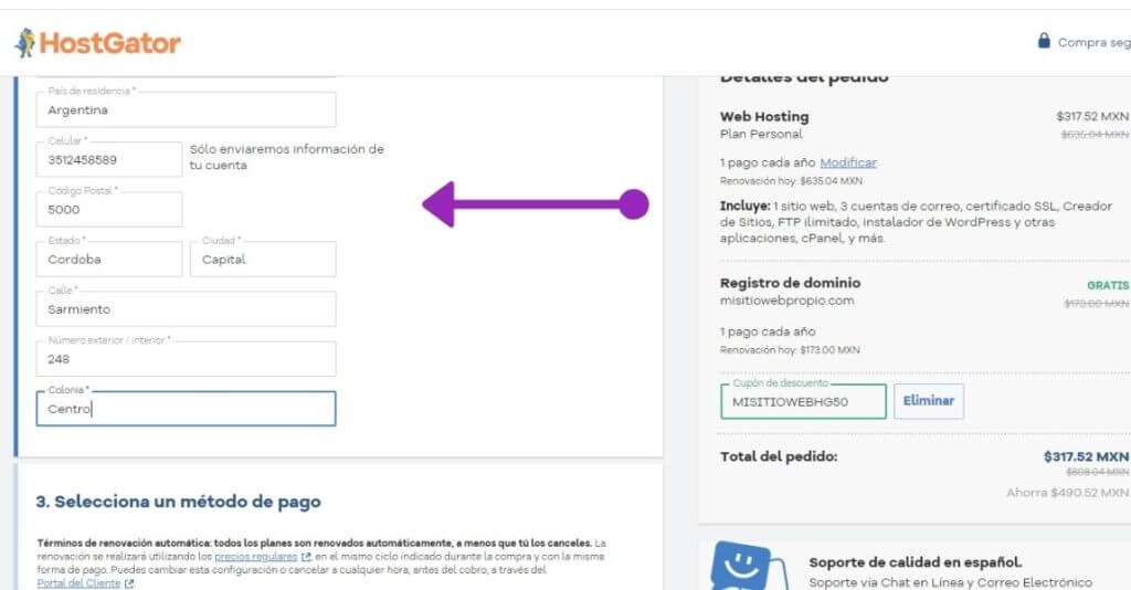 19 pasos para Crear sitio web desde cero, sin saber programar 12 Poner los datos de tu ubicaccion para comprar el hosting en hostgator