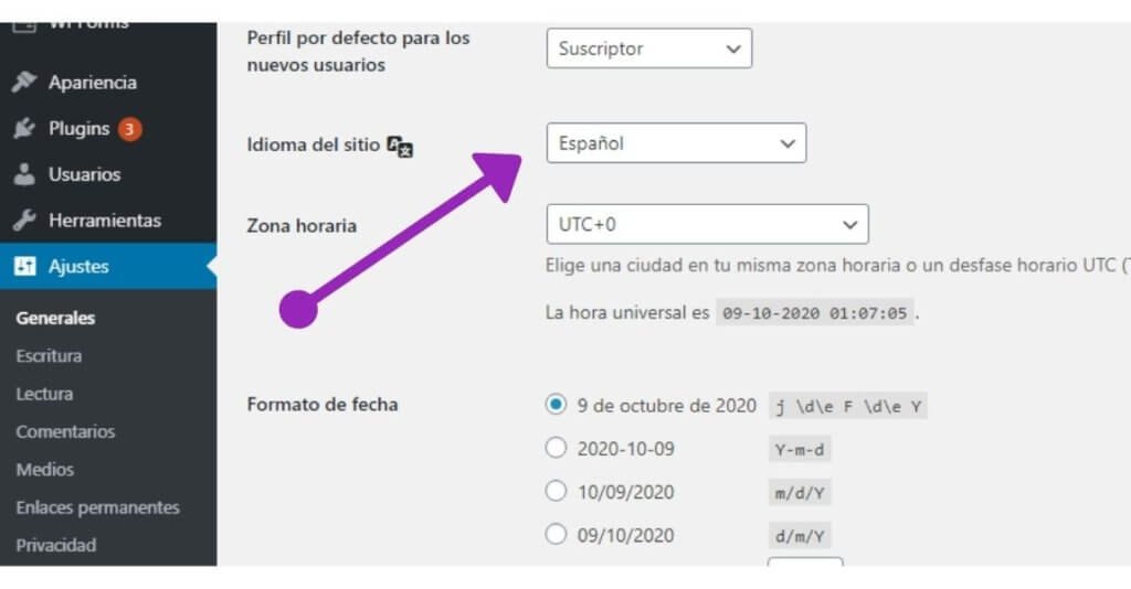 ¿Cómo cambiar el idioma de escritorio de WordPress? 2 Seleccionar un idioma en wordpress