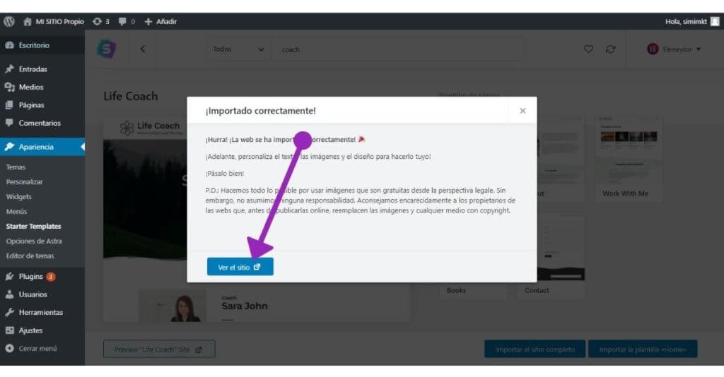19 pasos para Crear sitio web desde cero, sin saber programar 47 Ver la nueva aparencia de mi sitio despues haber importado el demo LIFE COACH