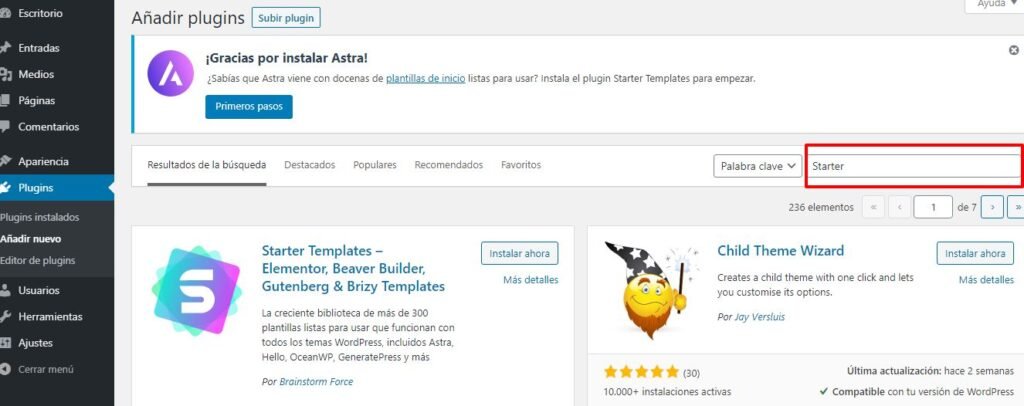 Crear un sitio web por tu cuenta propia 32 Buscar el plugins Starter templates