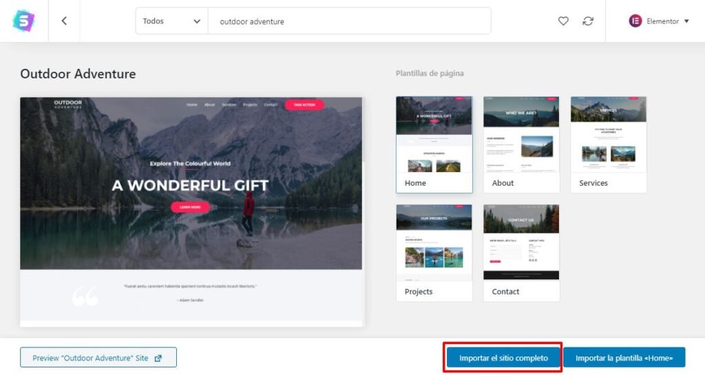 Crear un sitio web por tu cuenta propia 36 Importar plantillas de Outdore aventure