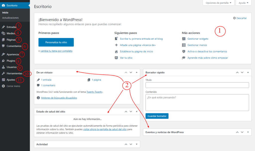 Crear un sitio web profesional para entrenador personal 22 Las diferentes areas en el escritorio de wordpress