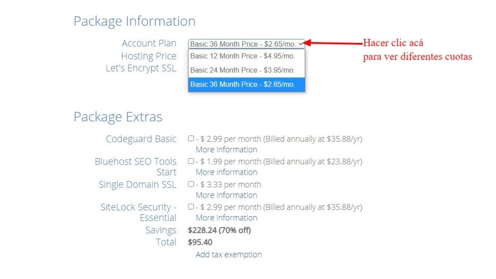 Crear un sitio web por tu cuenta propia 10 Las diferentes cuotas en Bluehost