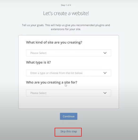 Crear un sitio web por tu cuenta propia 16 Saltar el paso de la pregunta inicial de bluehost