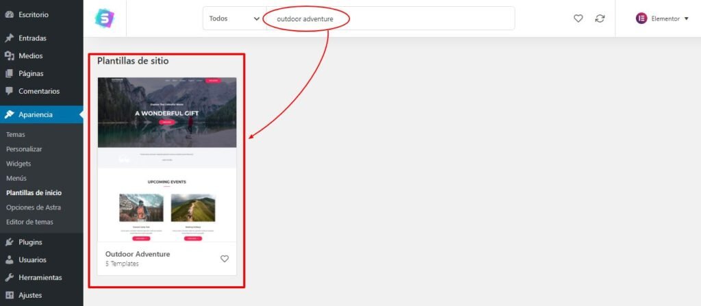Crear un sitio web por tu cuenta propia 35 Seleccional la plantilla Outdore aventure para importar