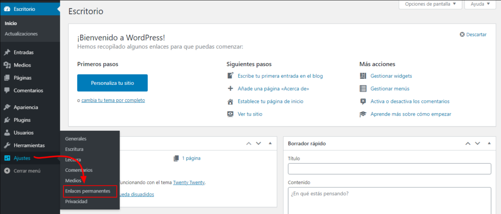 Crear un sitio web profesional para entrenador personal 23 Seleccionar ajustes para configurar enlaces permanentes
