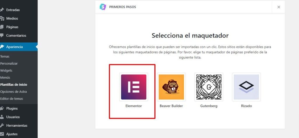 Crear un sitio web por tu cuenta propia 34 Seleccionar elementor como page builder