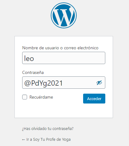 Crear un sitio web profesional para entrenador personal 21 Entrar tus datos para entrar al escritorio de wordpress