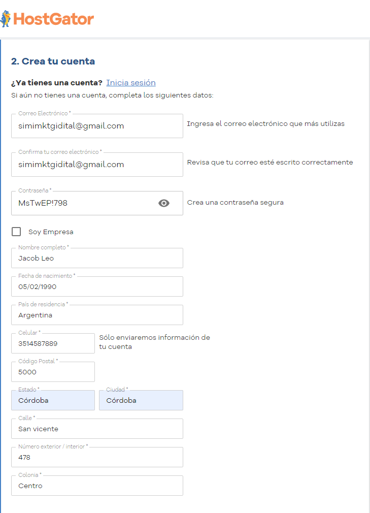 Crear un sitio web profesional para entrenador personal 9 Llenar los campos para crear una cuenta en hostgator