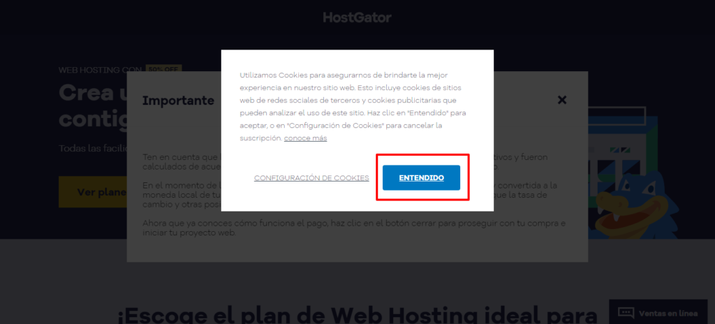Crear una cuenta en hostgator México en minutos en 2025 5 Al ingresar al enlace para crear la cuenta en hostgator puedes configurar o aceptar directamente las COOKIES