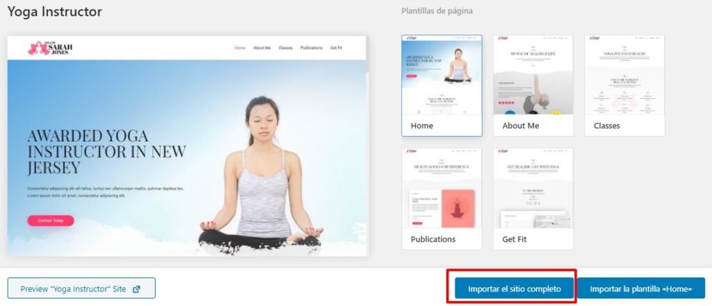 Crear un sitio web profesional para entrenador personal 32 importar el sitio completo de yoga