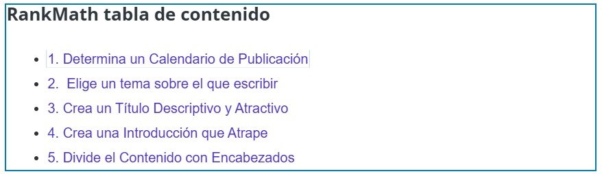 Cómo escribir una entrada de blog optimizada (Estructura + Ejemplos) 16 Ejemplo del bloque de tabla de contenidos en Rank Math