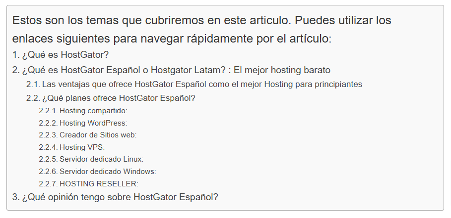 Cómo escribir una entrada de blog optimizada (Estructura + Ejemplos) 14 Ejemplo de una tabla de contenidos